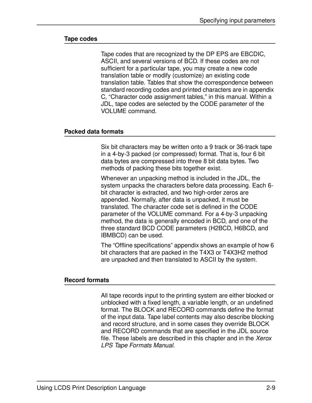 Xerox 701P21091 manual Tape codes, Packed data formats, Record formats 