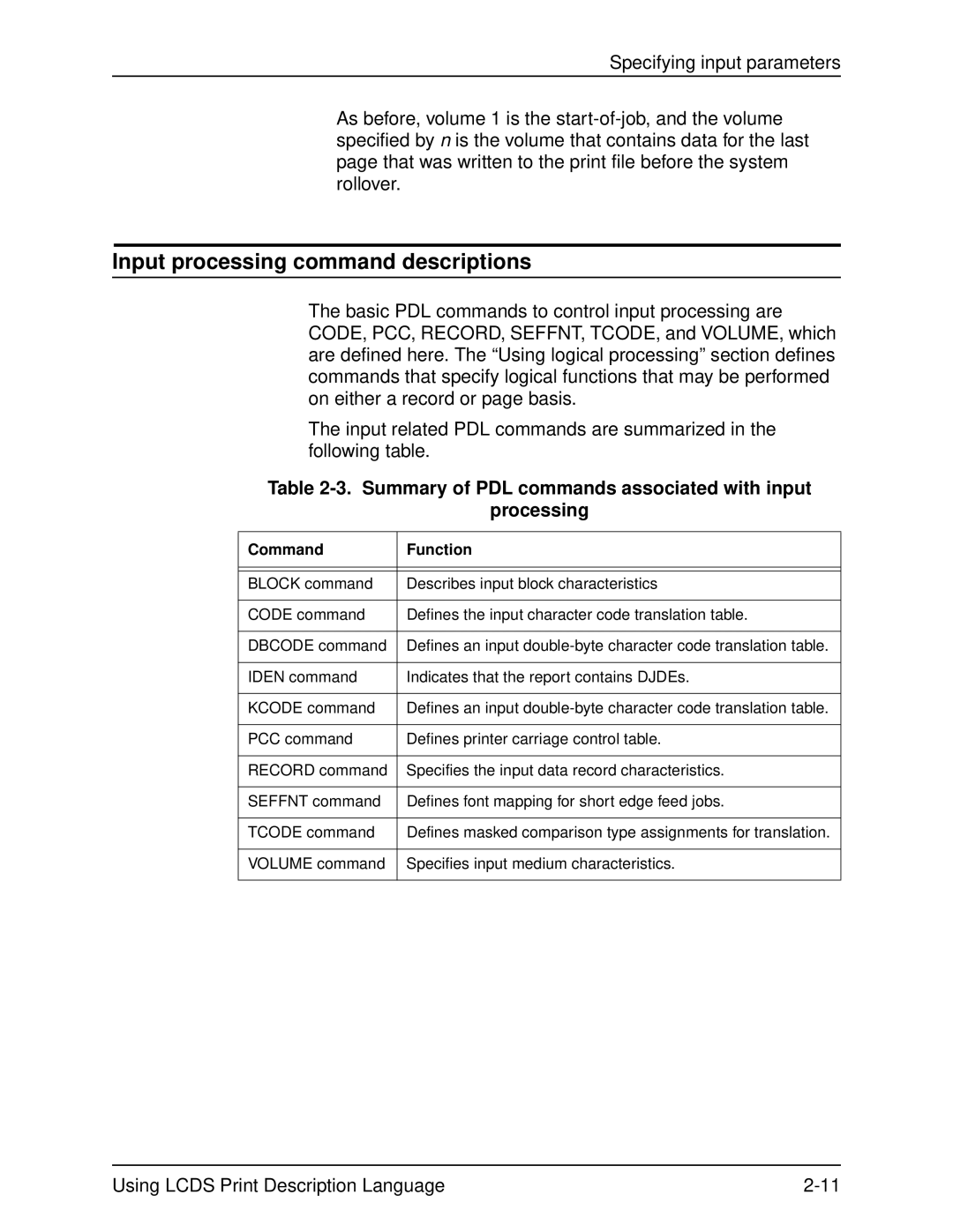 Xerox 701P21091 manual Input processing command descriptions, Summary of PDL commands associated with input Processing 