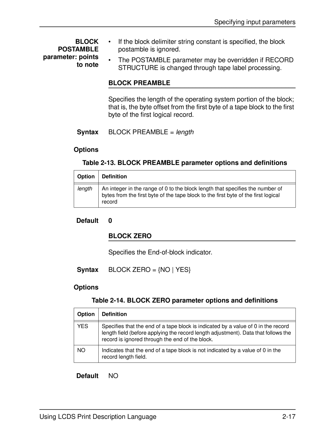 Xerox 701P21091 manual Block Postamble parameter points to note, Block Preamble, Block Zero, Default no 