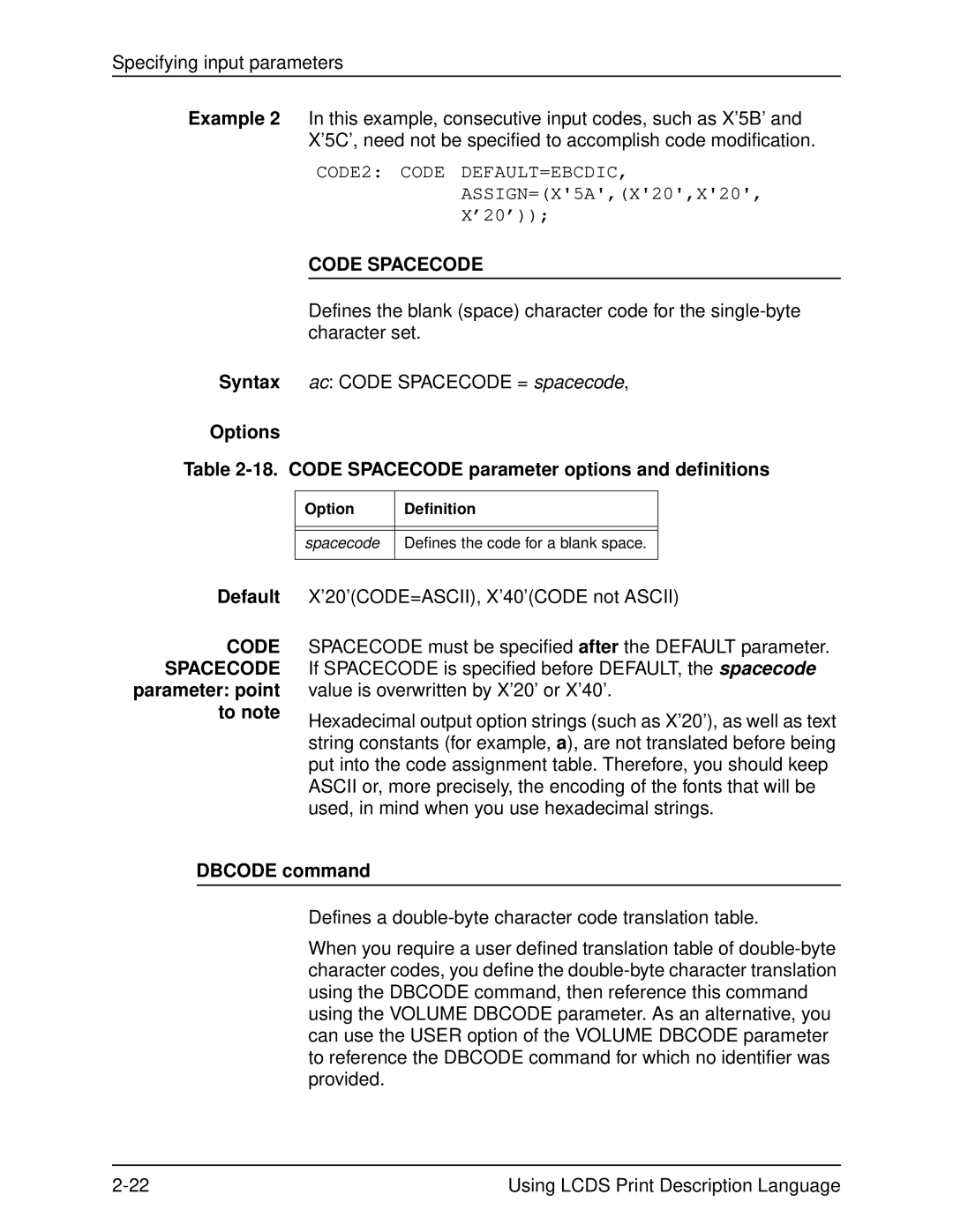 Xerox 701P21091 manual Default Code Spacecode parameter point to note, Dbcode command 