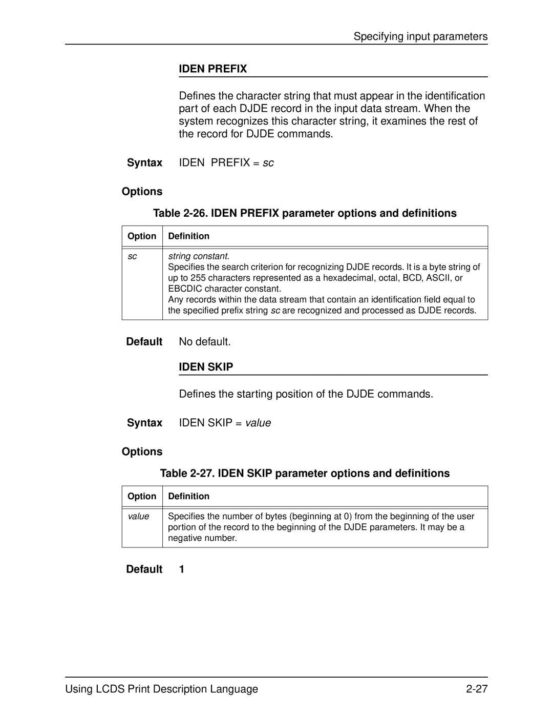 Xerox 701P21091 Options 26. Iden Prefix parameter options and definitions, String constant, Ebcdic character constant 