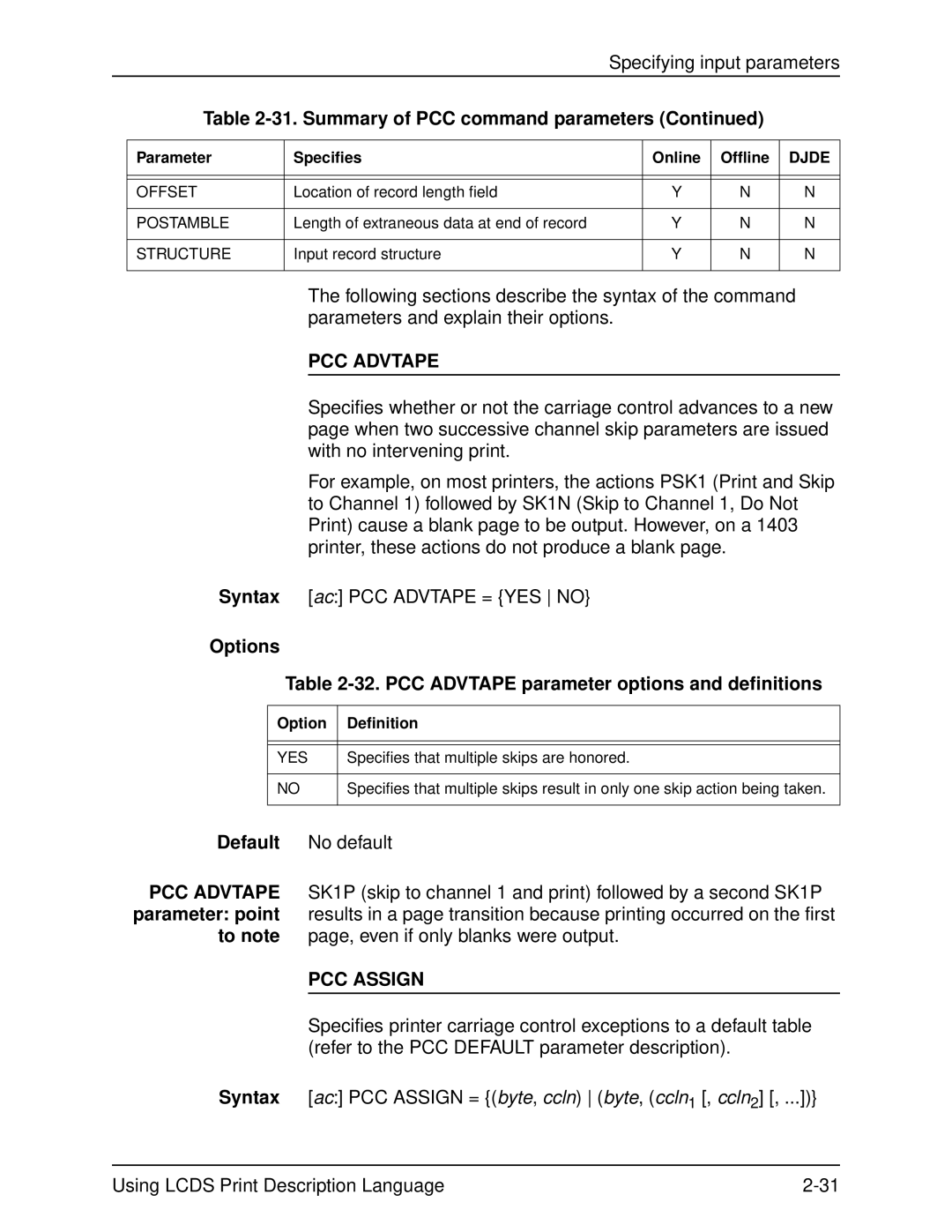 Xerox 701P21091 manual Options 32. PCC Advtape parameter options and definitions, PCC Assign 