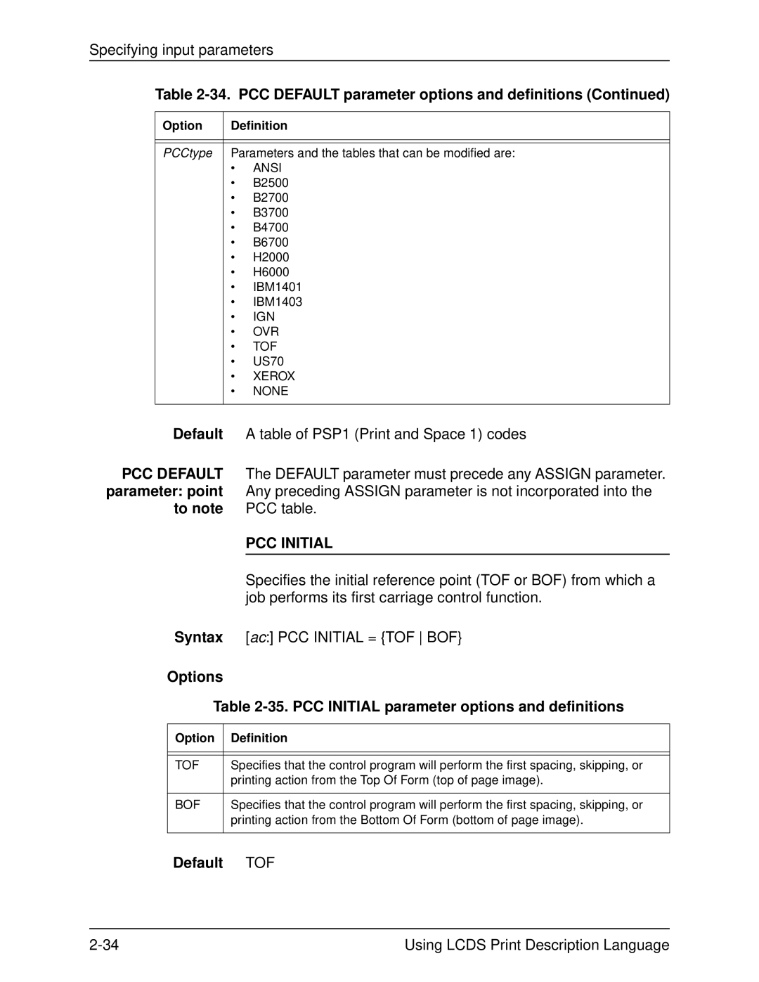 Xerox 701P21091 manual Options 35. PCC Initial parameter options and definitions, Default TOF 