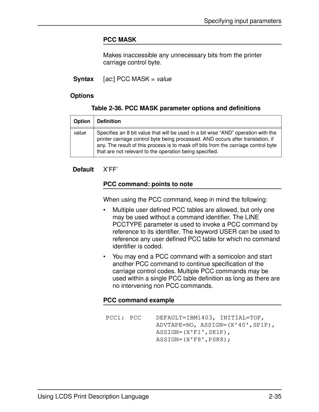 Xerox 701P21091 manual Options 36. PCC Mask parameter options and definitions, Default X’FF’ PCC command points to note 