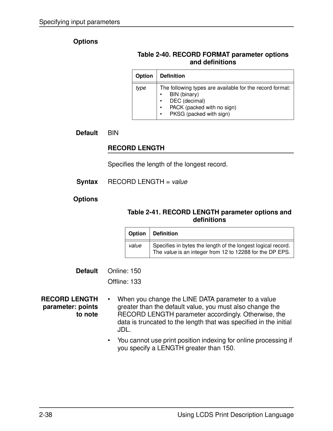 Xerox 701P21091 manual Options 41. Record Length parameter options Definitions 