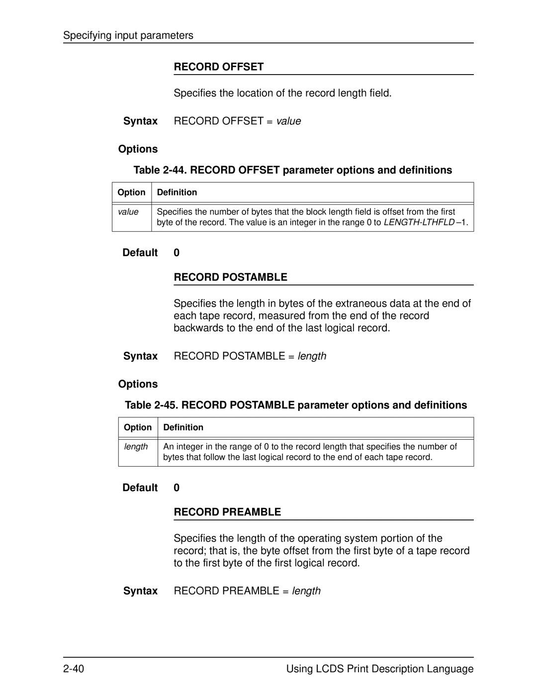 Xerox 701P21091 manual Options 44. Record Offset parameter options and definitions, Record Postamble, Record Preamble 