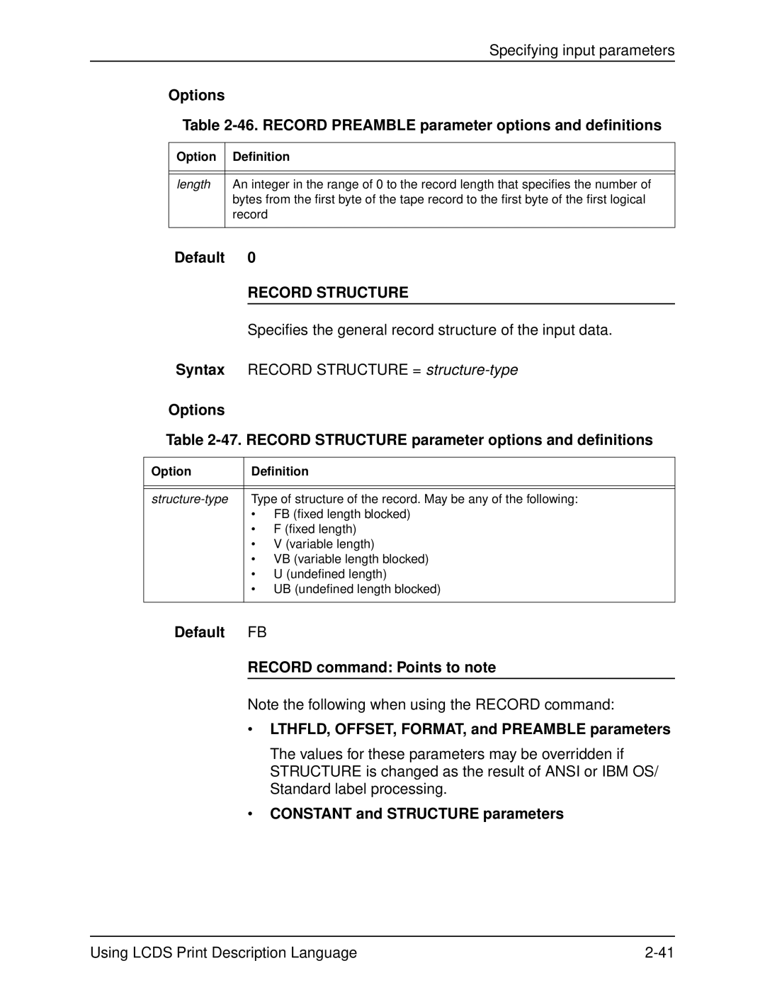 Xerox 701P21091 Record Structure, Default Record command Points to note, LTHFLD, OFFSET, FORMAT, and Preamble parameters 