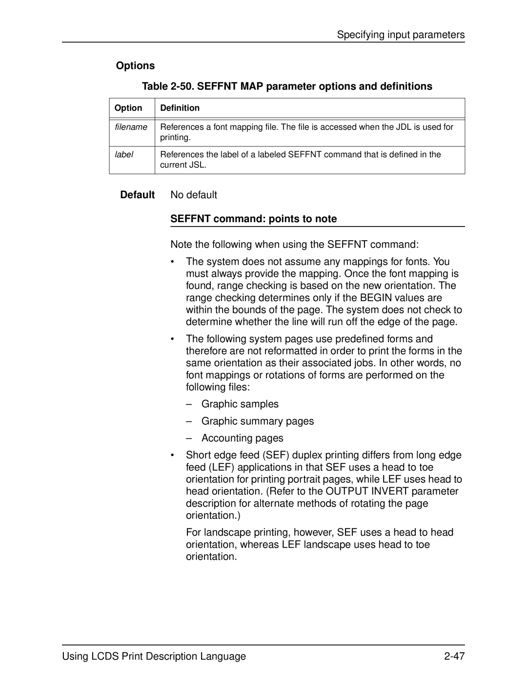 Xerox 701P21091 manual Options 50. Seffnt MAP parameter options and definitions, Seffnt command points to note 