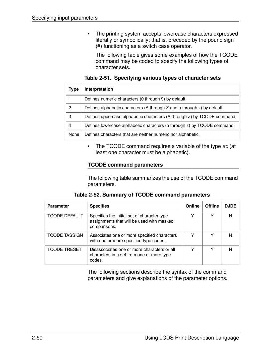 Xerox 701P21091 Specifying various types of character sets, Summary of Tcode command parameters, Type Interpretation 