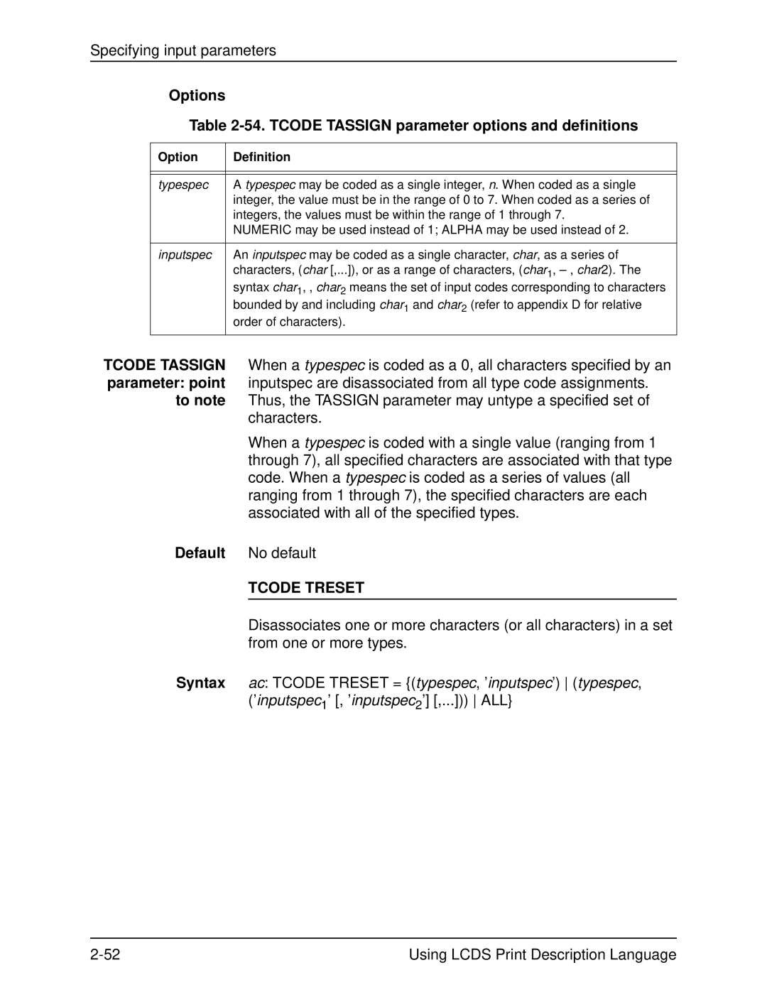 Xerox 701P21091 manual Options 54. Tcode Tassign parameter options and definitions, Tcode Treset 