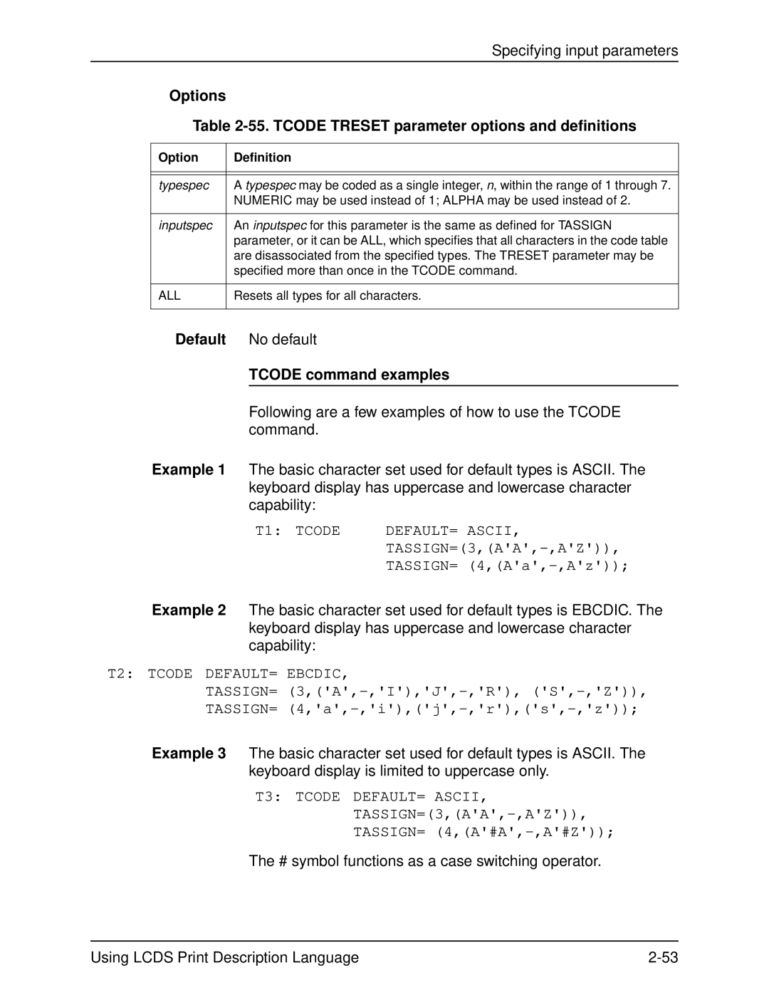 Xerox 701P21091 manual Options 55. Tcode Treset parameter options and definitions, Tcode command examples 