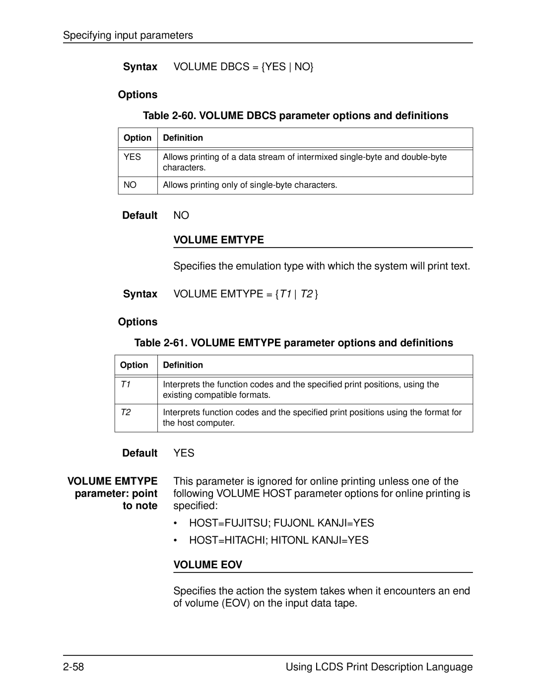 Xerox 701P21091 manual Options 60. Volume Dbcs parameter options and definitions, Volume Emtype, Volume EOV 