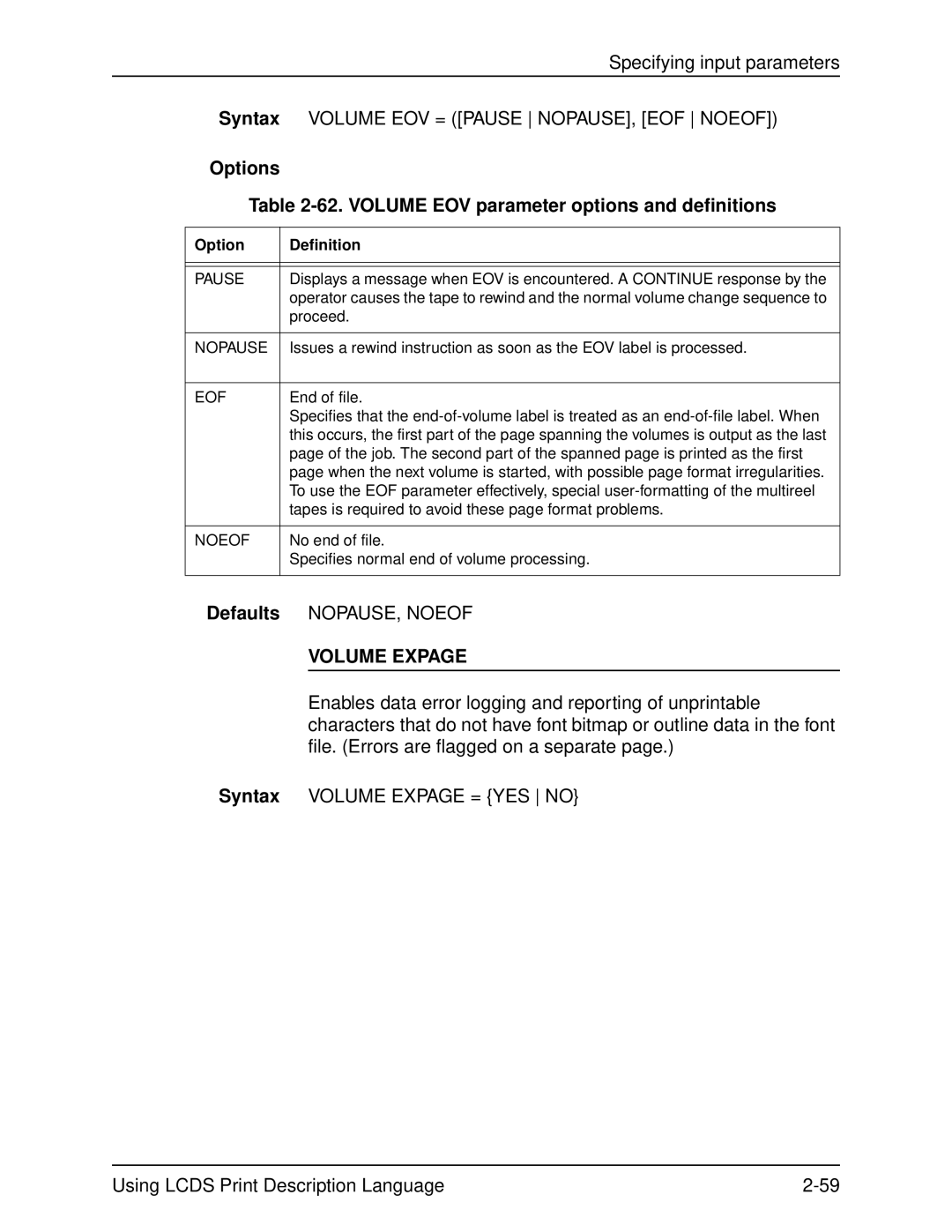 Xerox 701P21091 manual Options 62. Volume EOV parameter options and definitions, Volume Expage 