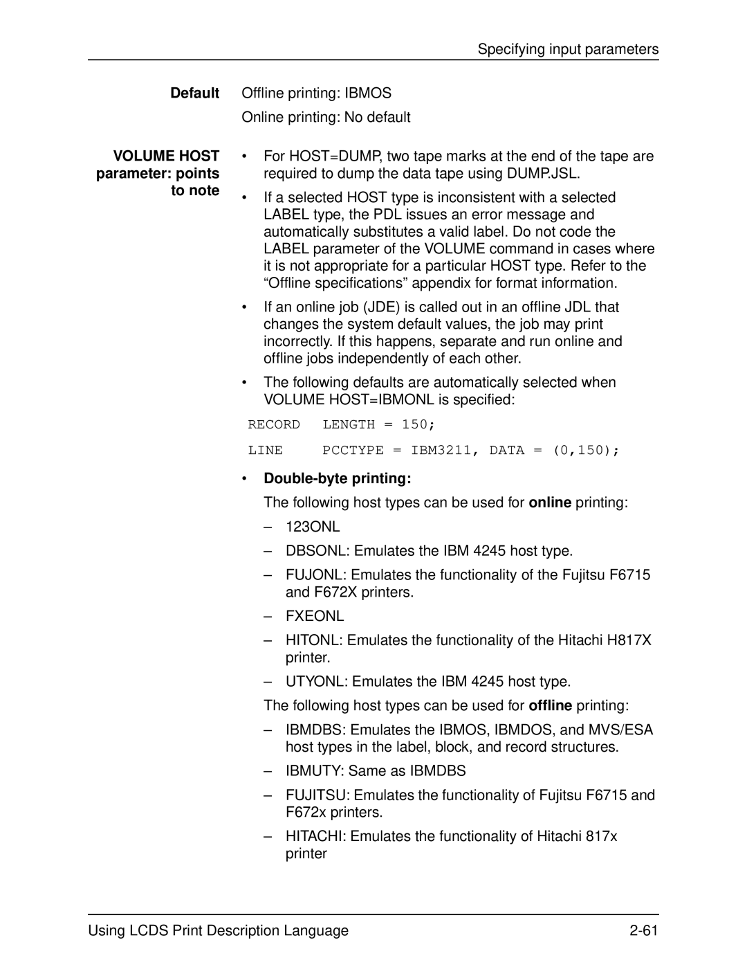 Xerox 701P21091 manual Default Volume Host parameter points to note, Double-byte printing 