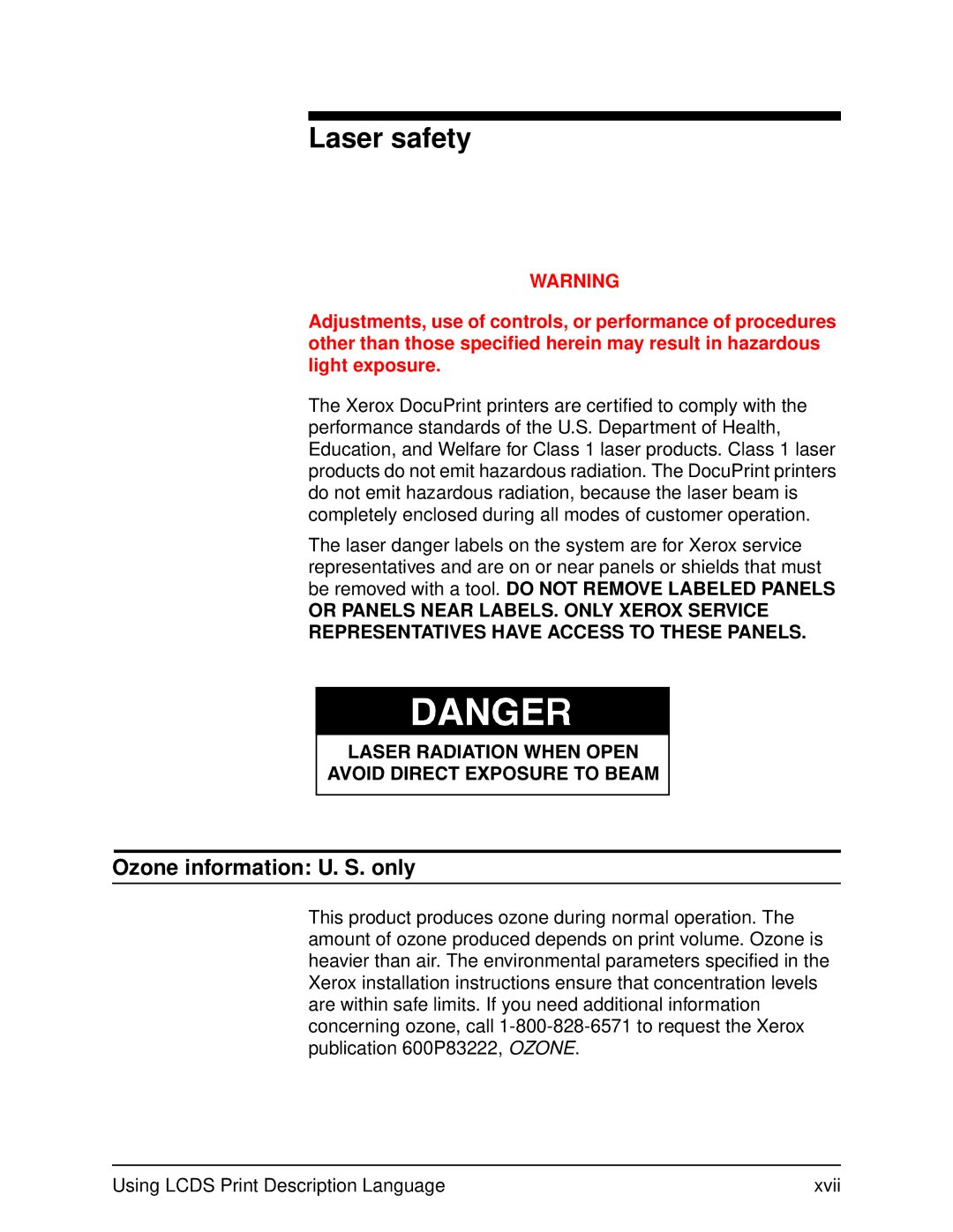 Xerox 701P21091 manual Laser safety, Ozone information U. S. only 