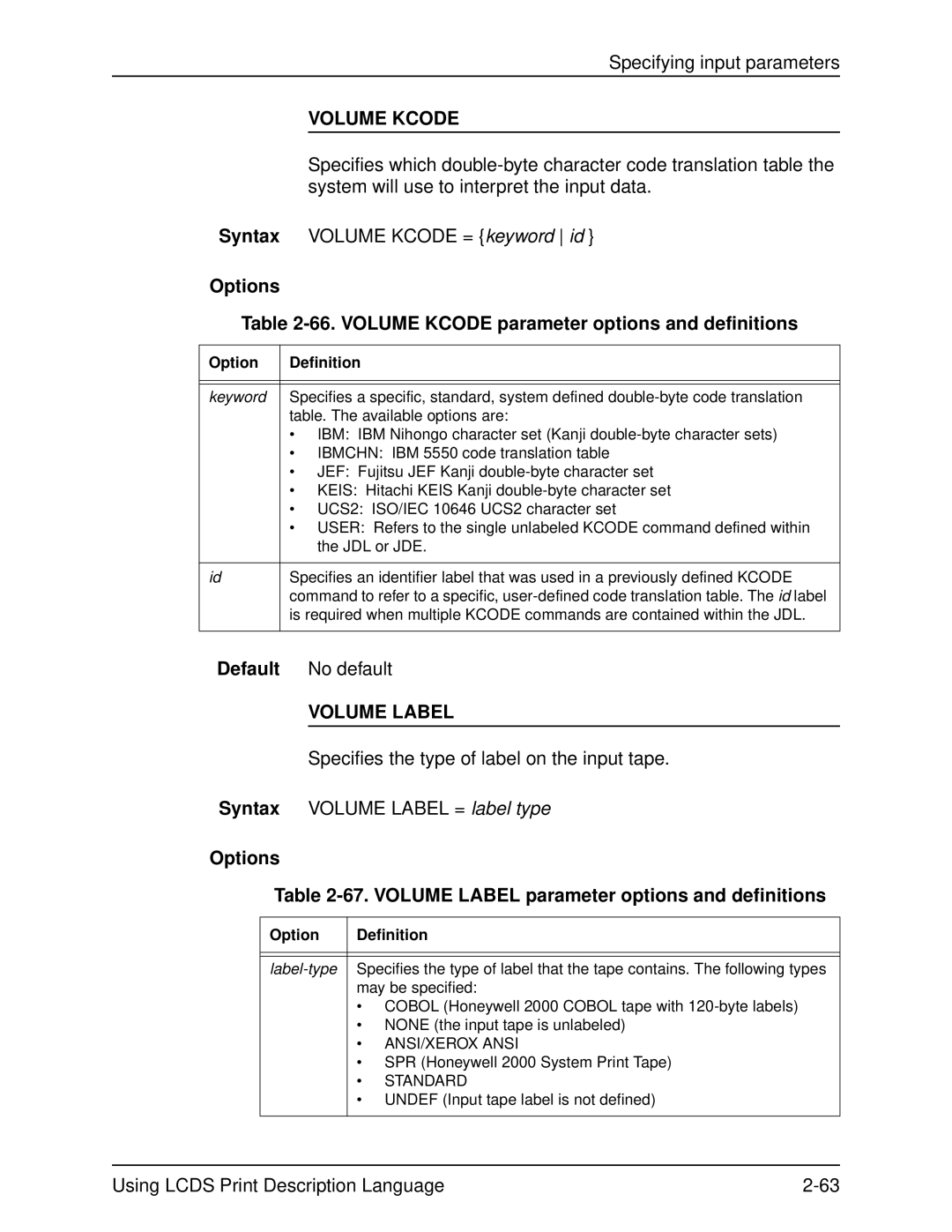 Xerox 701P21091 manual Options 66. Volume Kcode parameter options and definitions, SPR Honeywell 2000 System Print Tape 