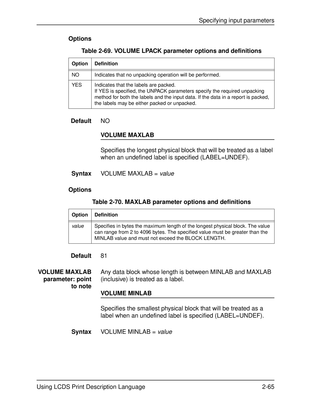 Xerox 701P21091 manual Options 69. Volume Lpack parameter options and definitions, Volume Maxlab, Volume Minlab 