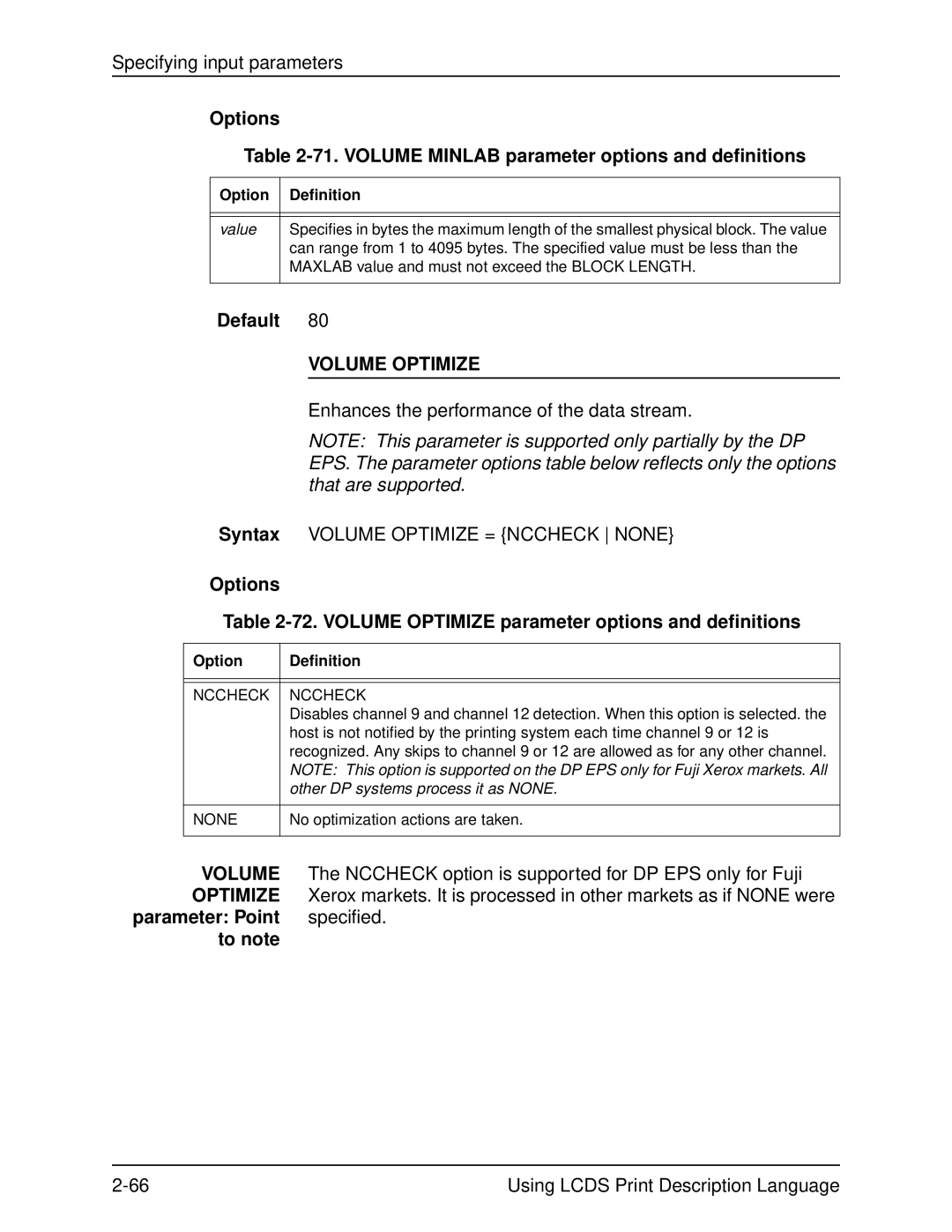 Xerox 701P21091 manual Options 71. Volume Minlab parameter options and definitions, Volume Optimize 