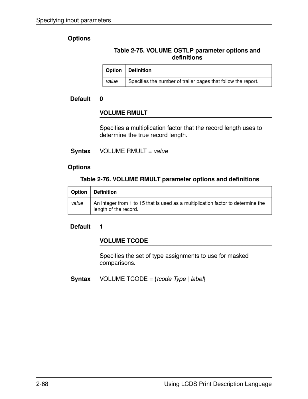 Xerox 701P21091 manual Options 75. Volume Ostlp parameter options Definitions, Volume Rmult, Volume Tcode 