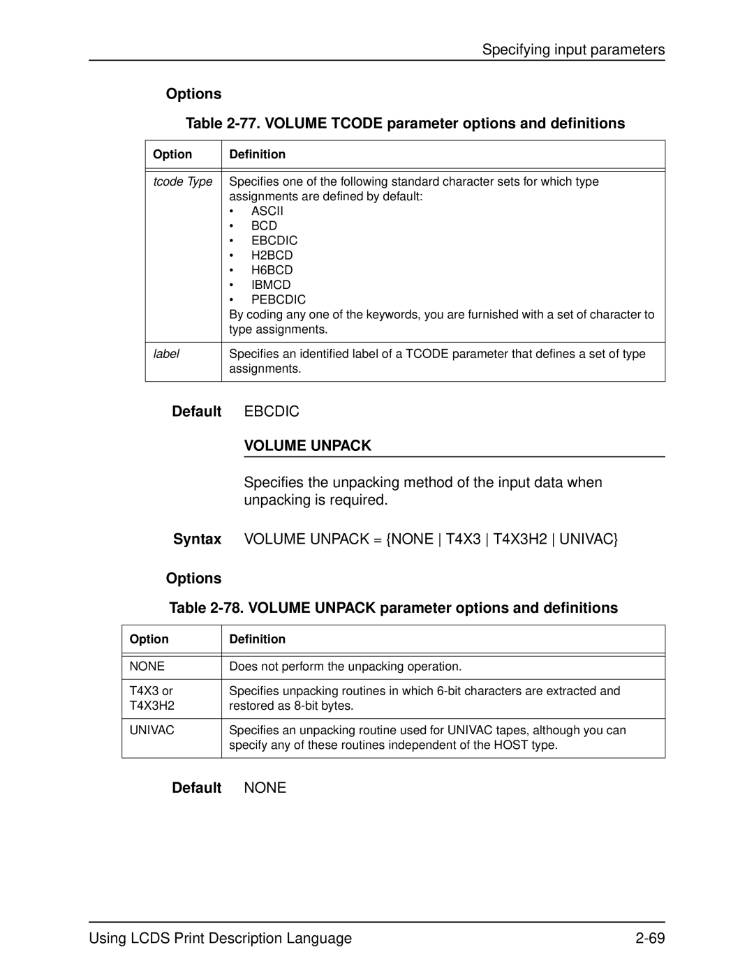 Xerox 701P21091 Options 77. Volume Tcode parameter options and definitions, Volume Unpack, Default None, Type assignments 