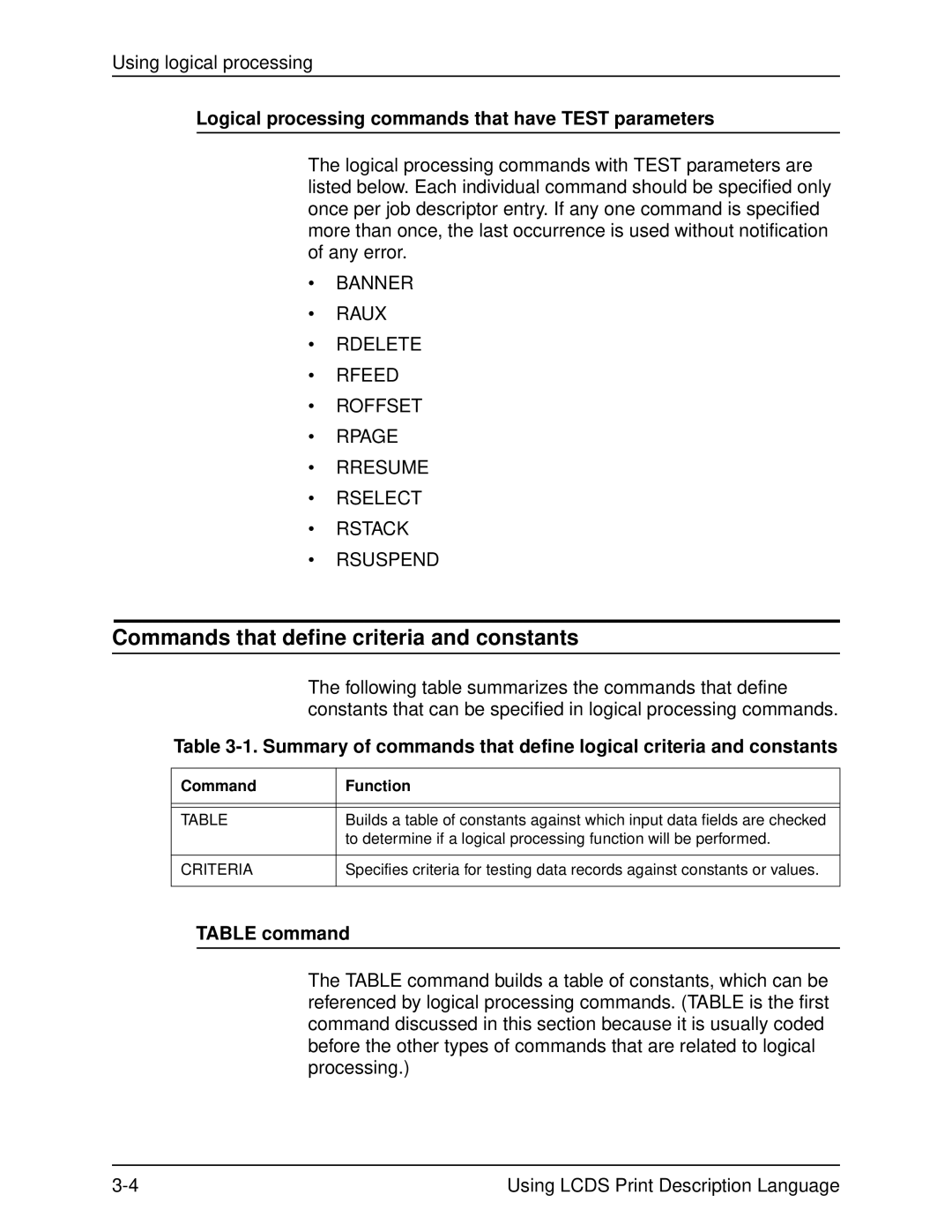 Xerox 701P21091 manual Commands that define criteria and constants, Logical processing commands that have Test parameters 