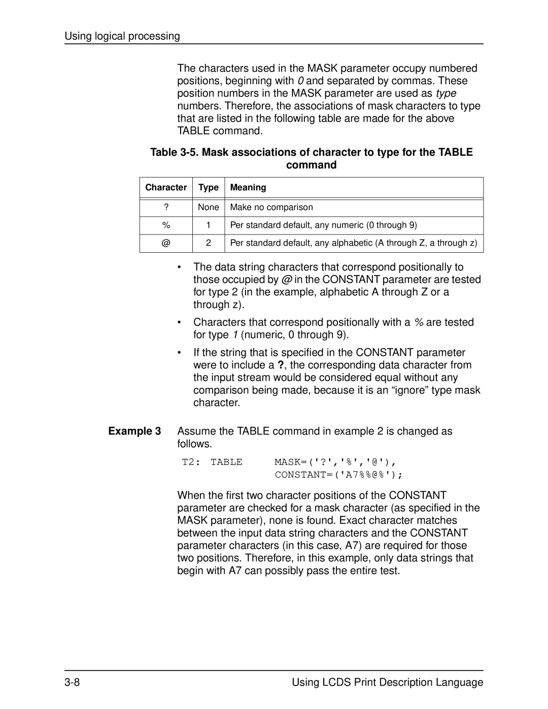 Xerox 701P21091 manual Mask associations of character to type for the Table Command, Character Type Meaning 