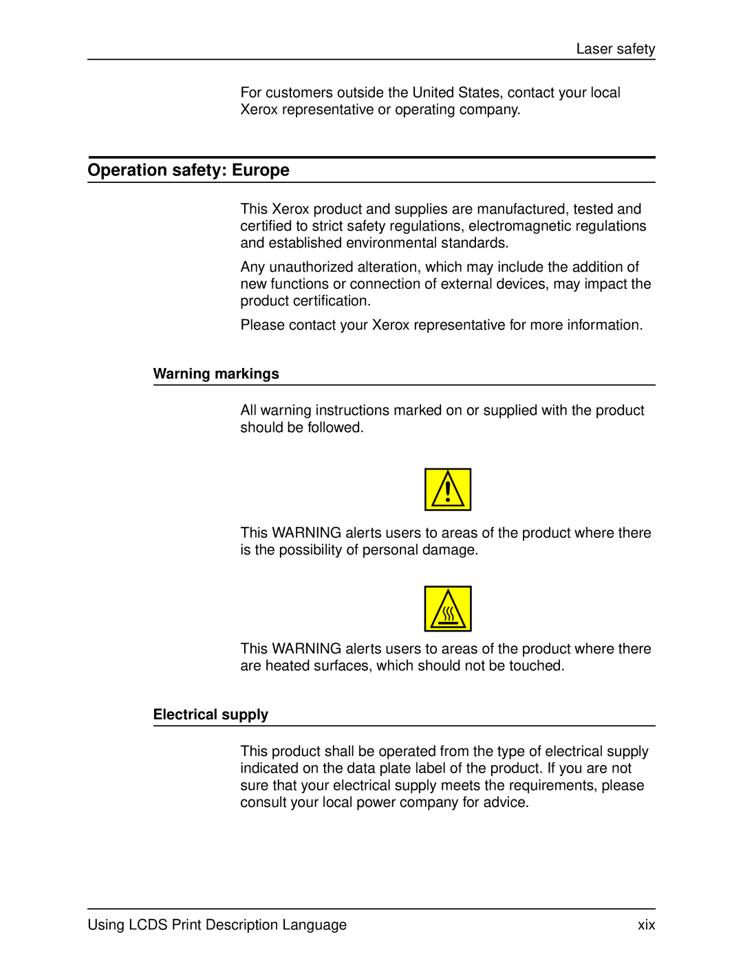 Xerox 701P21091 manual Operation safety Europe, Electrical supply 