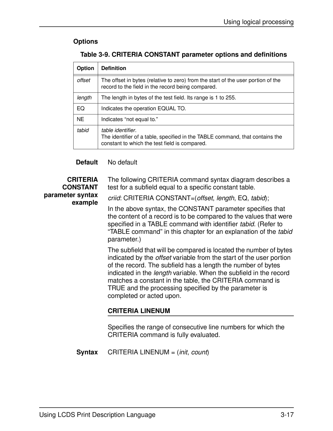 Xerox 701P21091 Options Criteria Constant parameter options and definitions, Constant parameter syntax example Syntax 