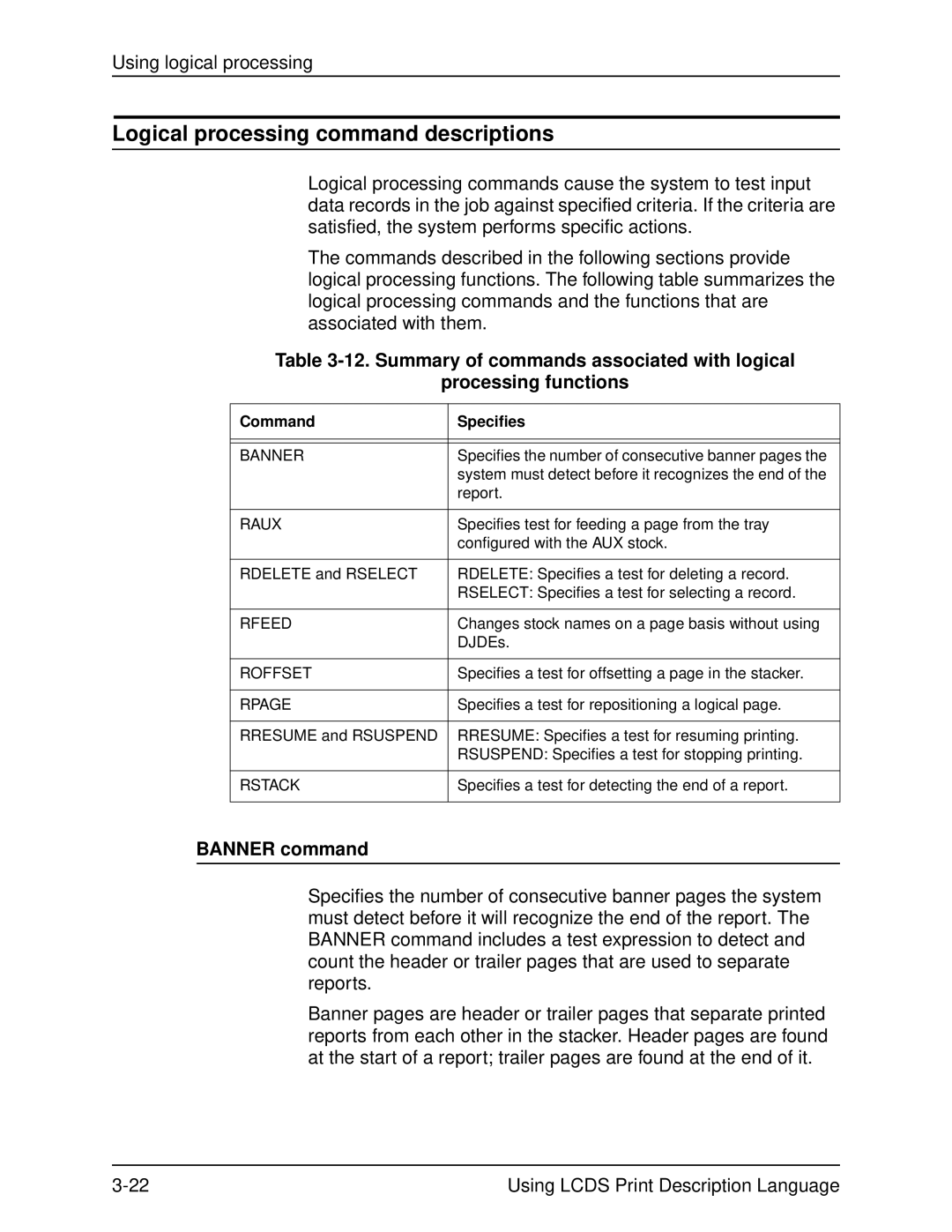 Xerox 701P21091 manual Logical processing command descriptions, Banner command, Command Specifies 