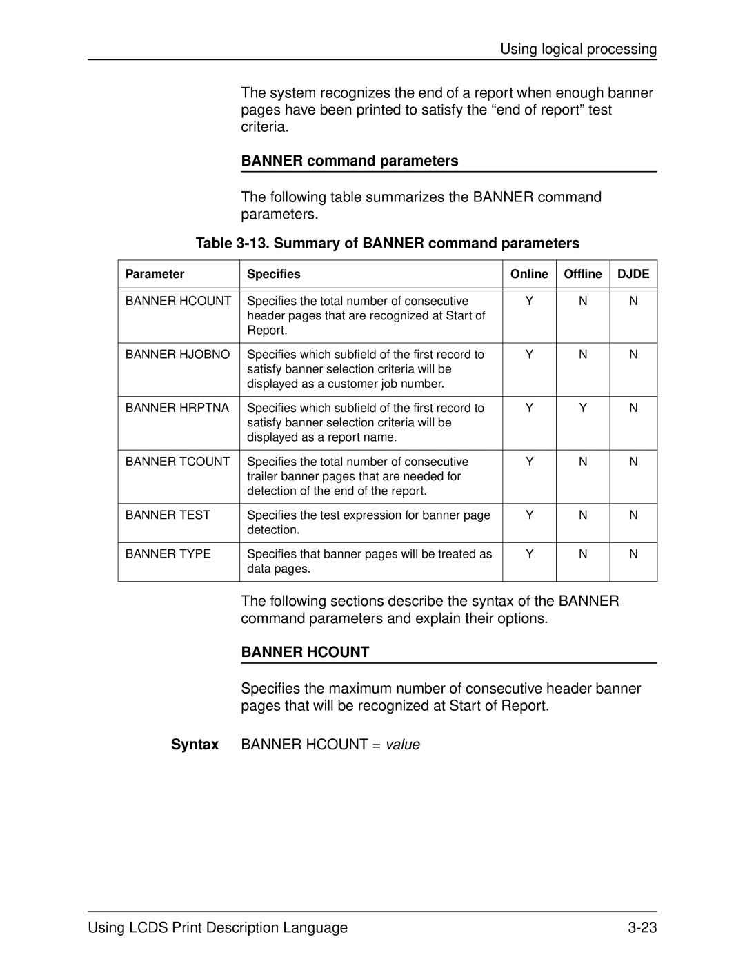 Xerox 701P21091 manual Summary of Banner command parameters, Banner Hcount 