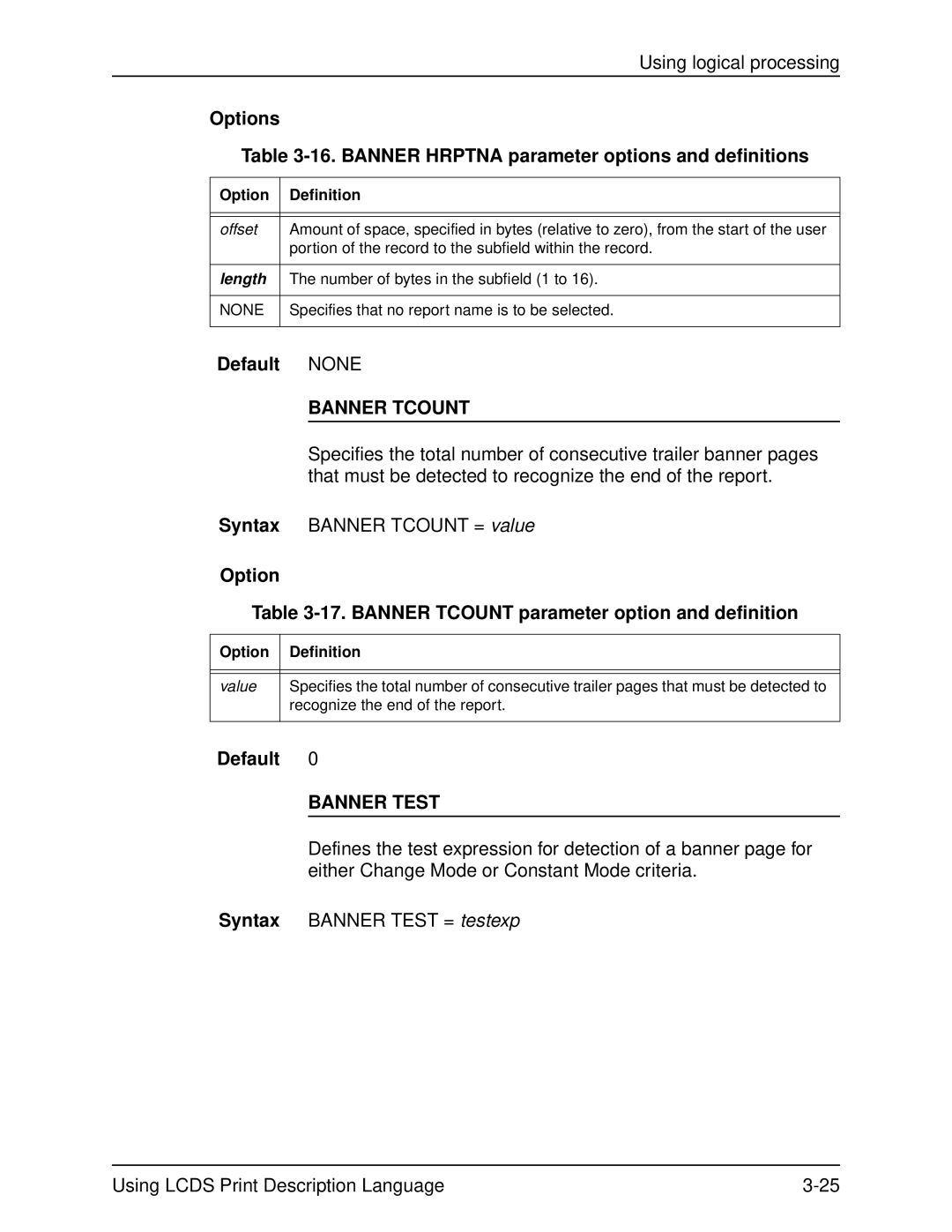 Xerox 701P21091 manual Options 16. Banner Hrptna parameter options and definitions, Banner Tcount, Banner Test 