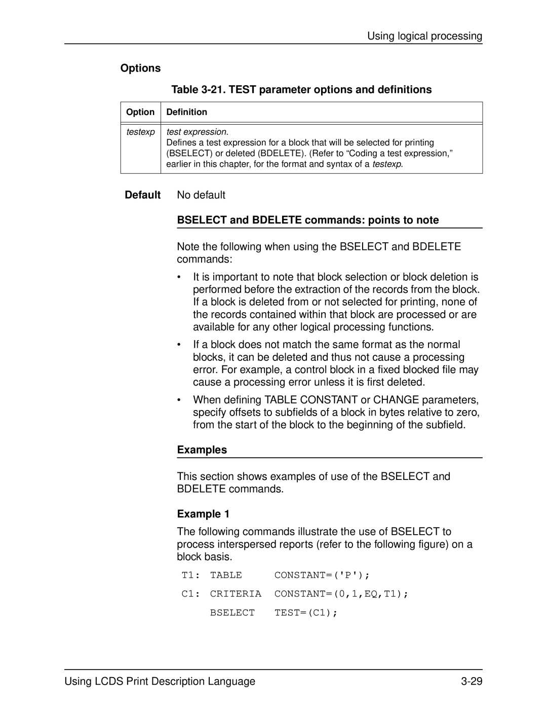 Xerox 701P21091 manual Test parameter options and definitions, Bselect and Bdelete commands points to note 