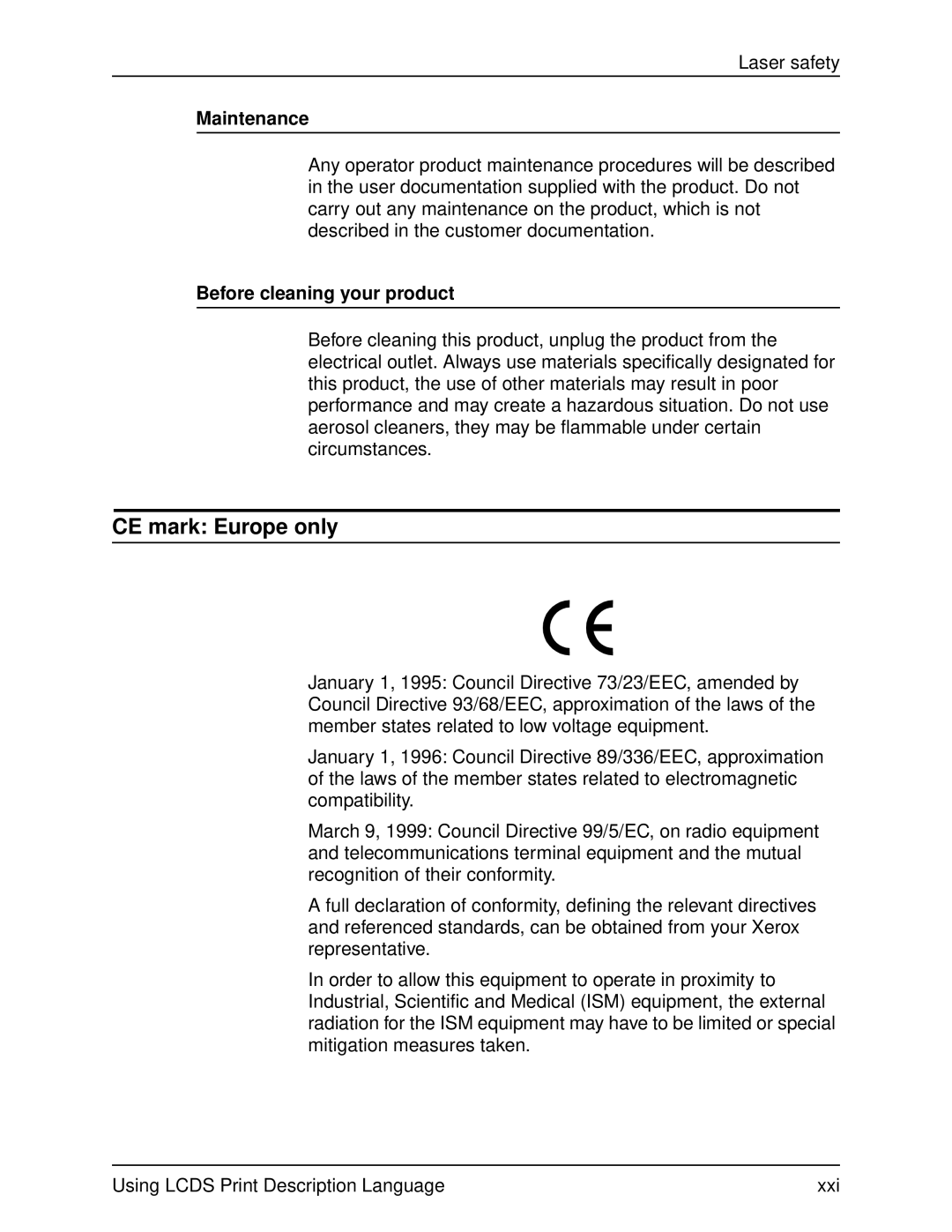 Xerox 701P21091 manual CE mark Europe only, Maintenance, Before cleaning your product 