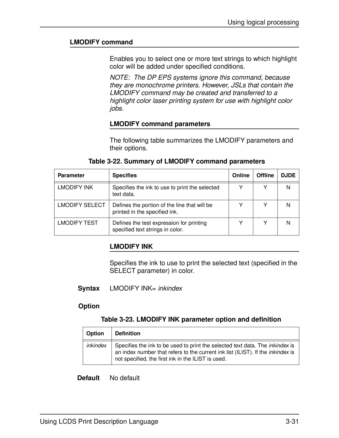 Xerox 701P21091 manual Summary of Lmodify command parameters, Lmodify INK 