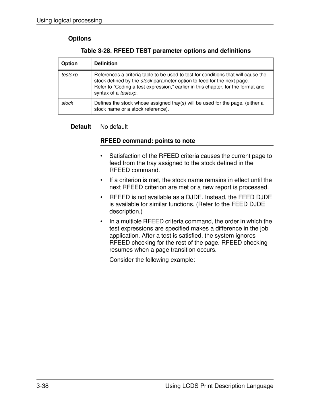 Xerox 701P21091 Options 28. Rfeed Test parameter options and definitions, Rfeed command points to note, Testexp, Stock 