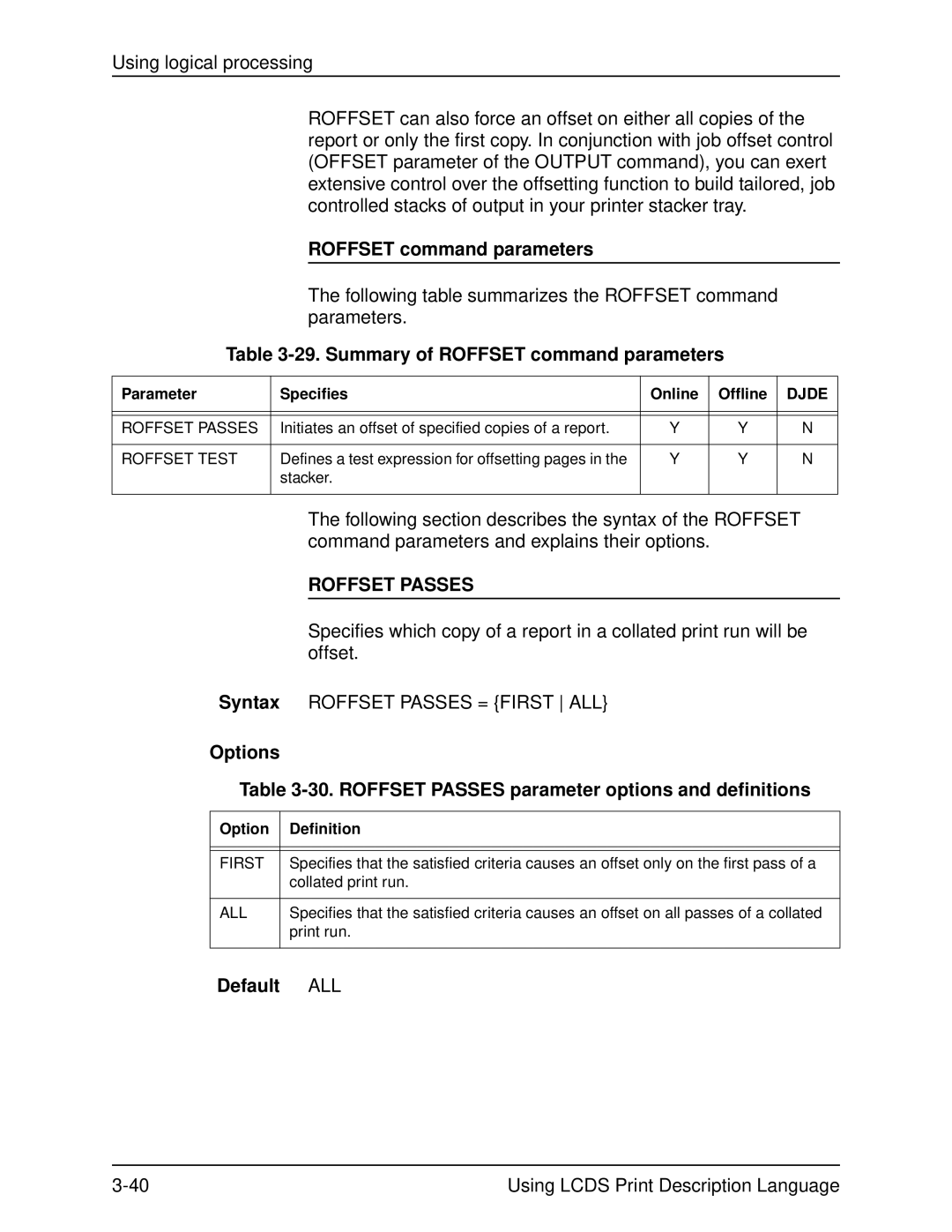 Xerox 701P21091 manual Summary of Roffset command parameters, Roffset Passes, Default ALL 