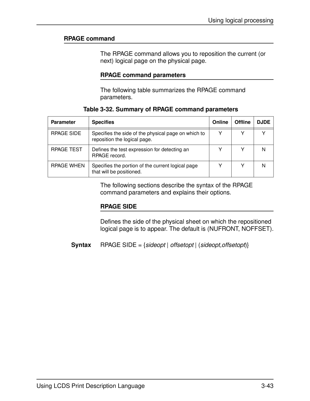 Xerox 701P21091 manual Summary of Rpage command parameters, Rpage Side 