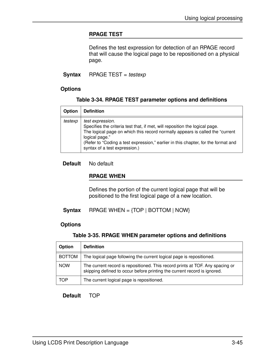 Xerox 701P21091 manual Options 34. Rpage Test parameter options and definitions, Default TOP 