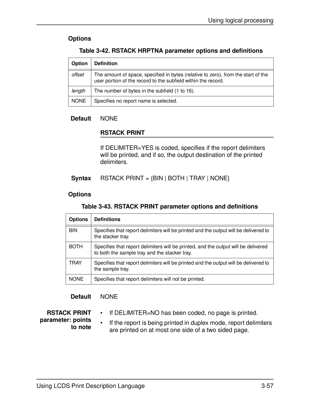 Xerox 701P21091 manual Options 42. Rstack Hrptna parameter options and definitions, Rstack Print, Options Definitions 