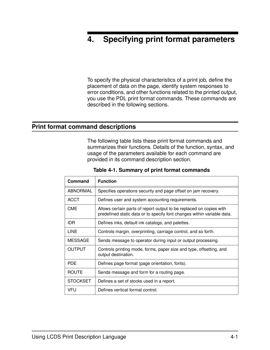 Xerox 701P21091 manual Print format command descriptions, Summary of print format commands 