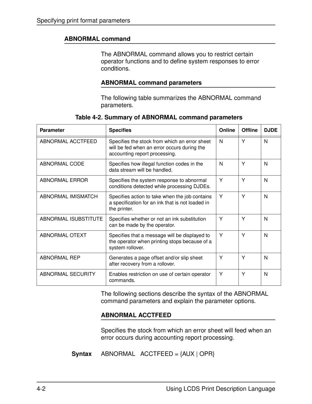 Xerox 701P21091 manual Summary of Abnormal command parameters, Abnormal Acctfeed 