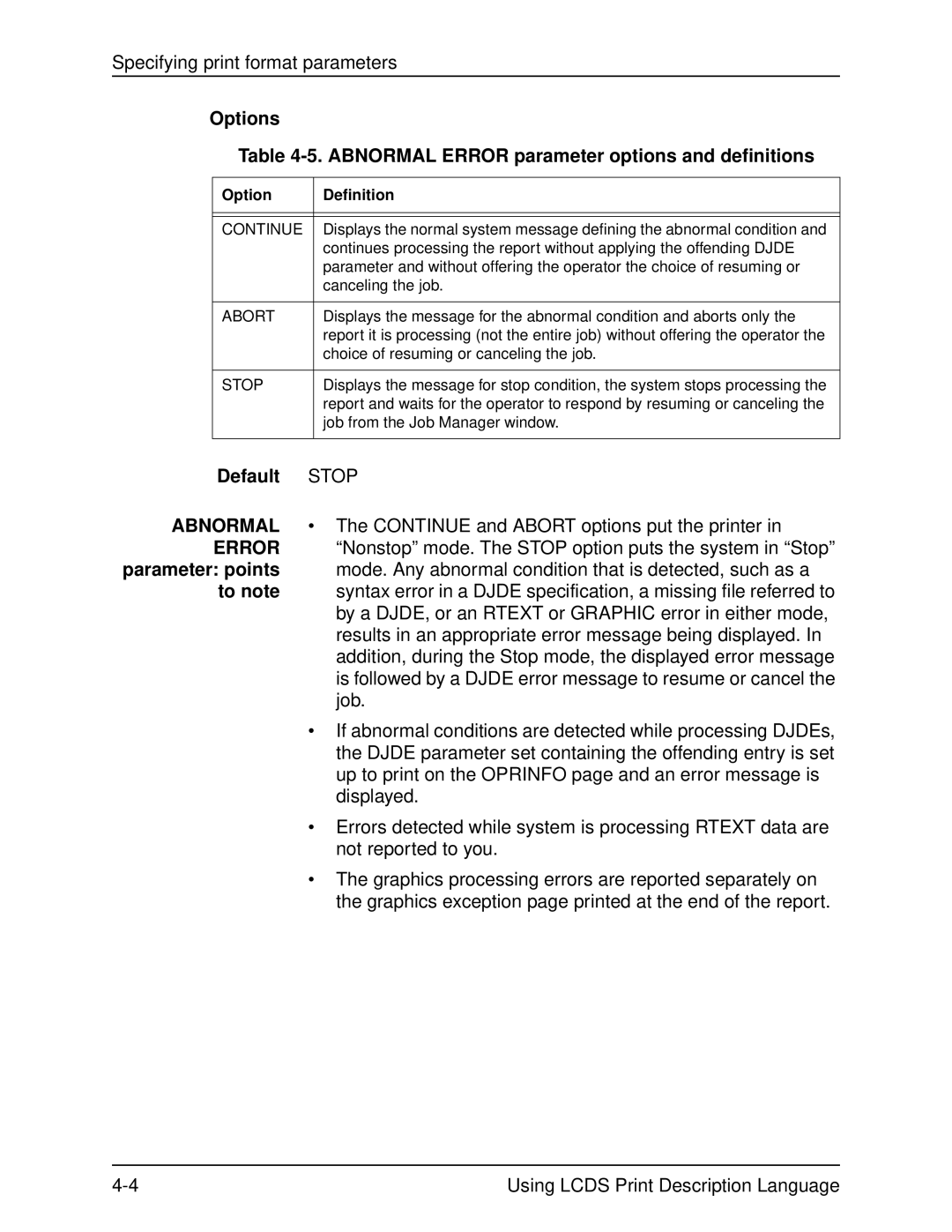 Xerox 701P21091 manual Options Abnormal Error parameter options and definitions, Continue, Abort, Stop 