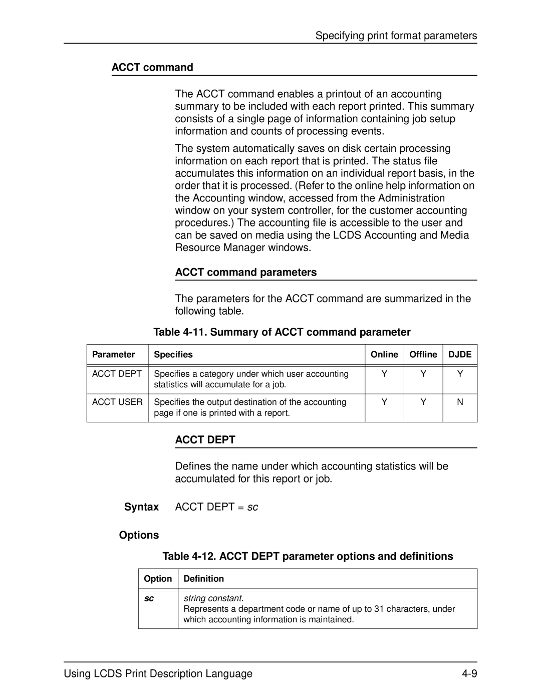 Xerox 701P21091 manual Acct command parameters, Summary of Acct command parameter, Acct Dept 