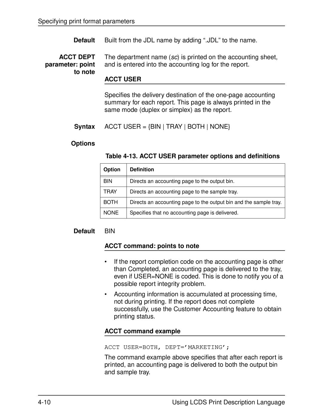 Xerox 701P21091 manual Options 13. Acct User parameter options and definitions, Default BIN Acct command points to note 