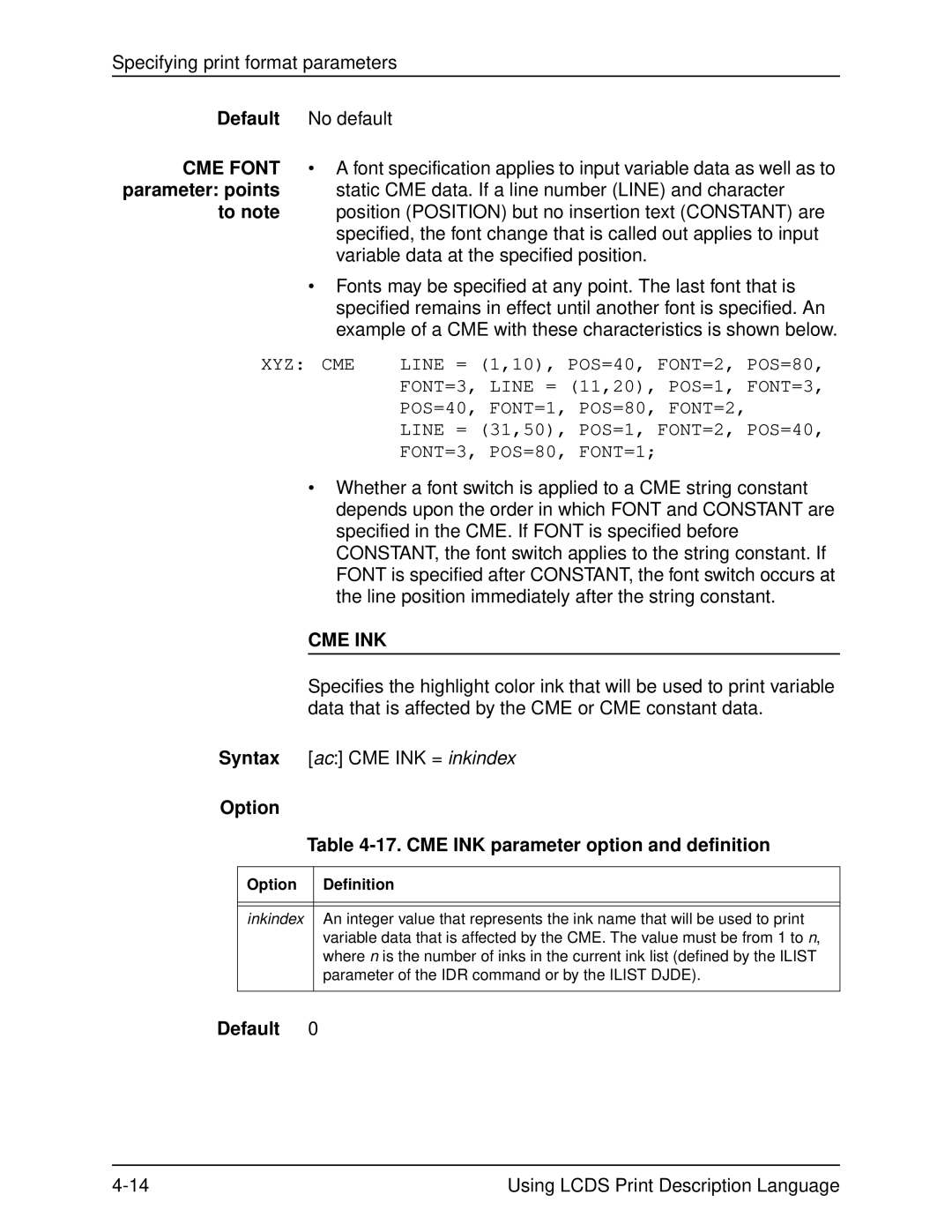 Xerox 701P21091 manual Cme Ink, Option 17. CME INK parameter option and definition, Inkindex 