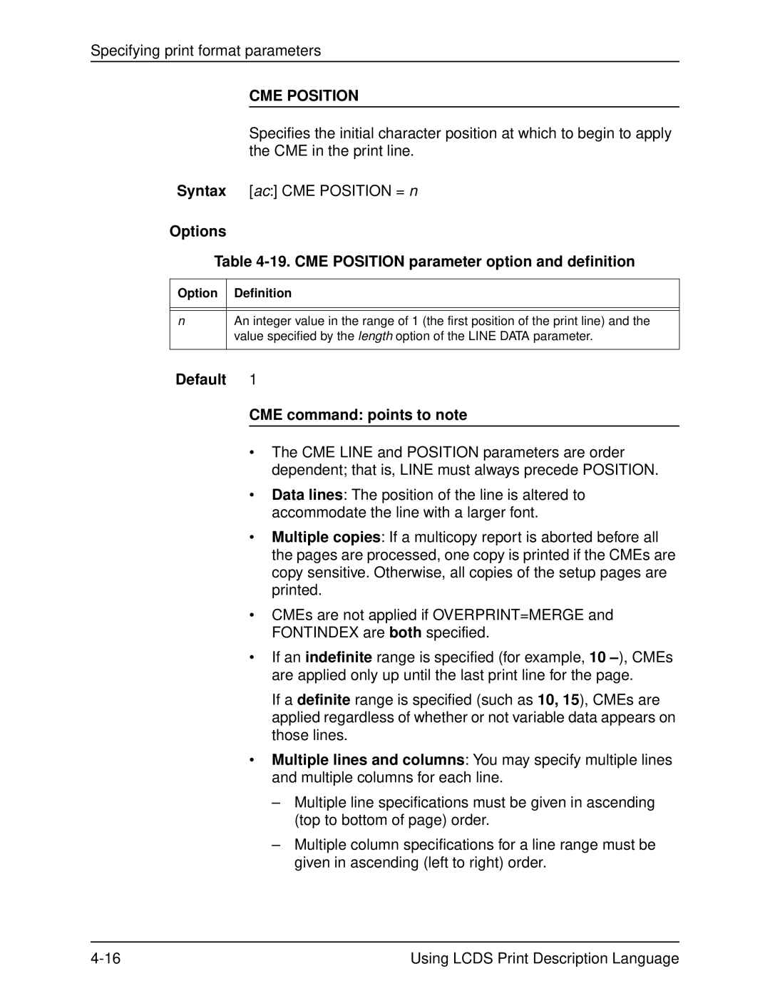 Xerox 701P21091 manual Options 19. CME Position parameter option and definition, Default CME command points to note 