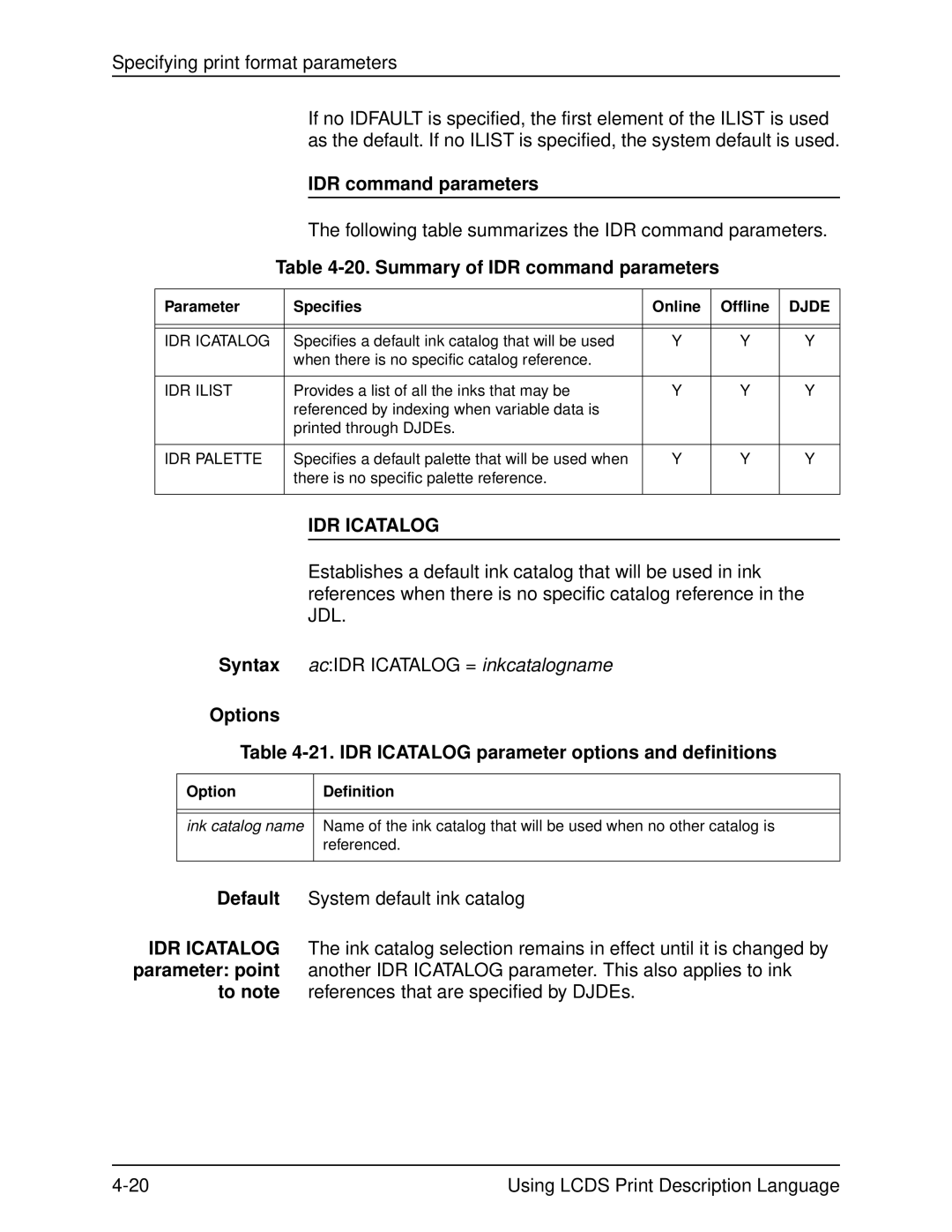 Xerox 701P21091 manual Summary of IDR command parameters, IDR Icatalog, Ink catalog name 