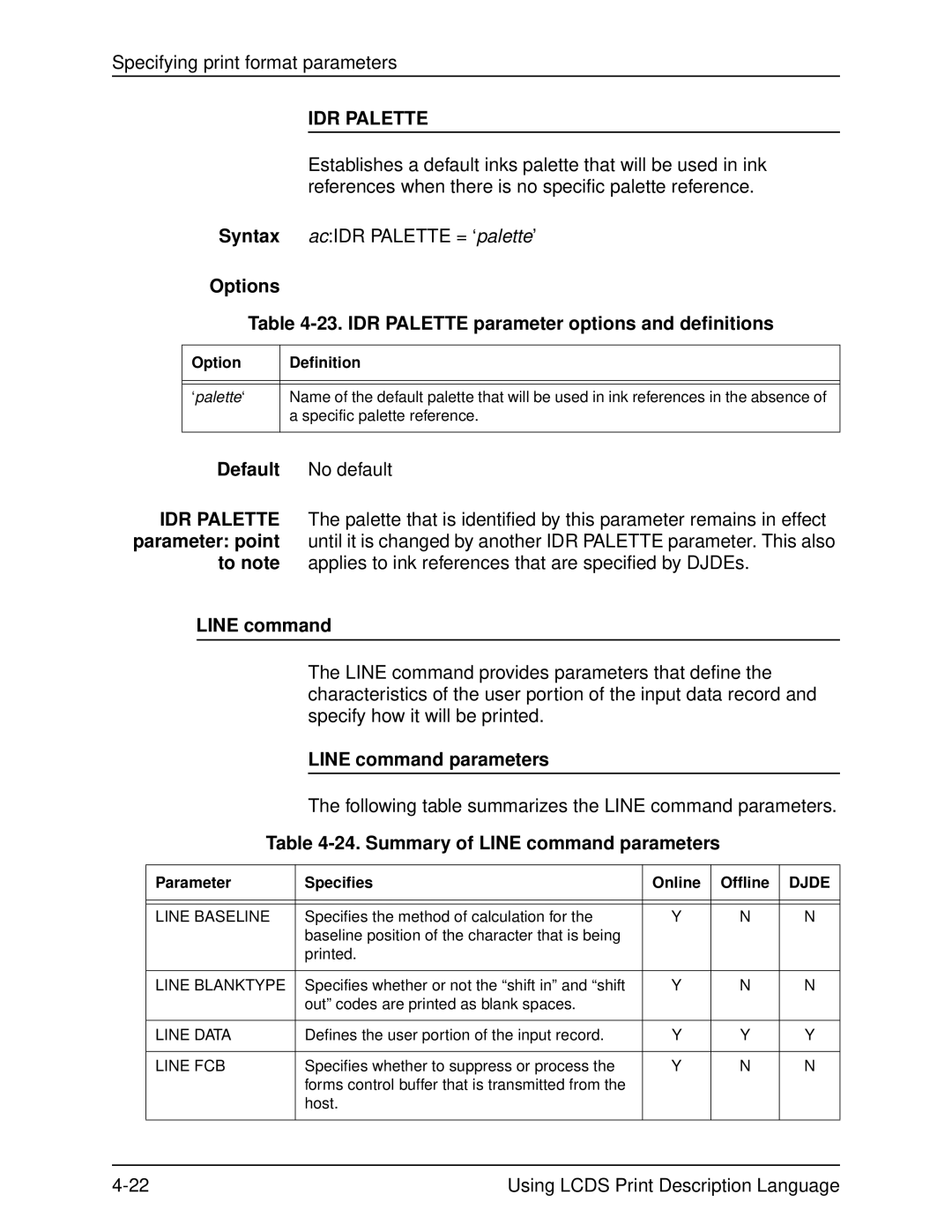 Xerox 701P21091 manual Options 23. IDR Palette parameter options and definitions, Line command parameters 