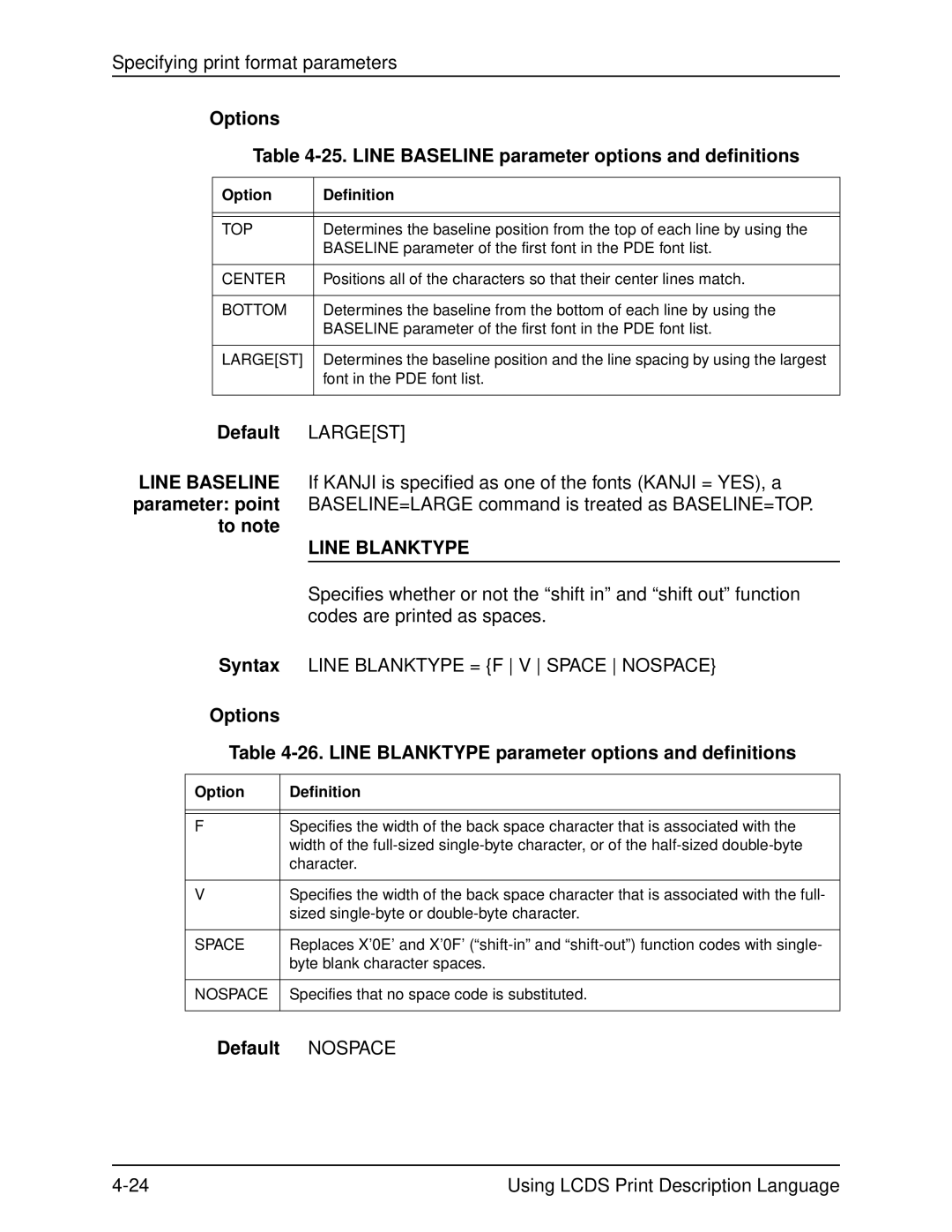 Xerox 701P21091 manual Options 25. Line Baseline parameter options and definitions, Line Blanktype, Default Nospace 