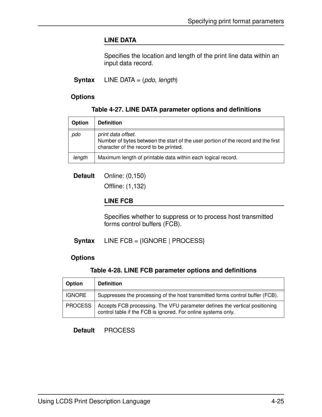 Xerox 701P21091 manual Options 27. Line Data parameter options and definitions, Line FCB, Default Process 